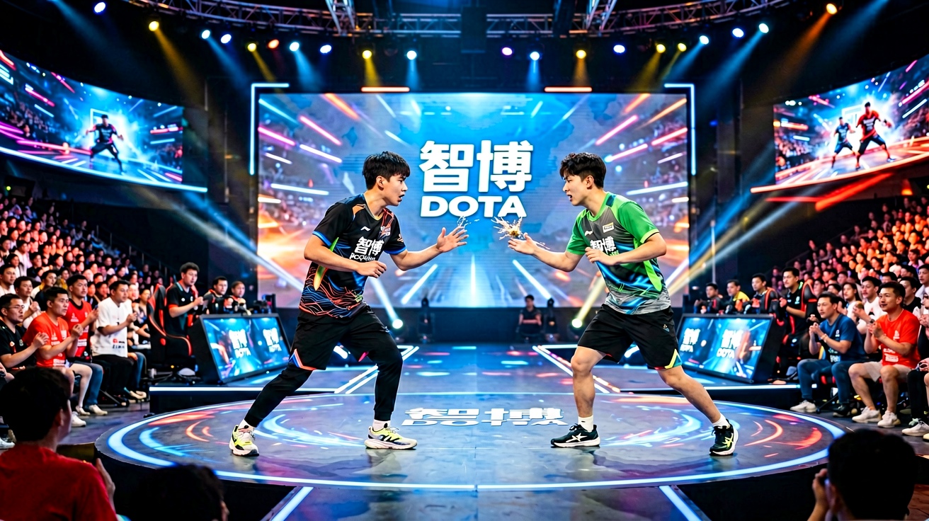 智博1919电竞赛事现场，选手在舞台中央激烈对战